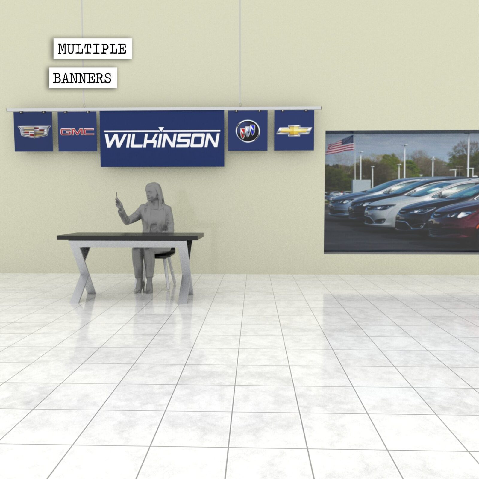 SEG Banner Rail Rendering suspended behind a desk at a car dealership