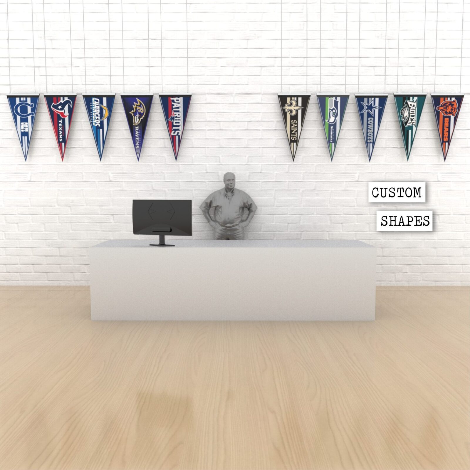 SEG Banner Rail Rendering with suspended pennant flags behind checkout counter