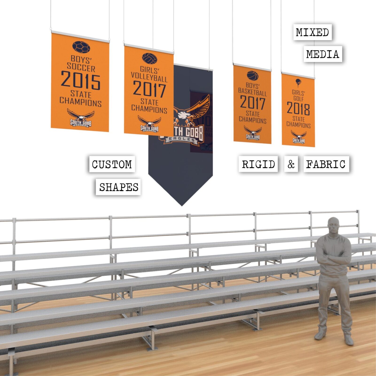 SEG Banner Rail Rendering multiple shapes and mixed media hanging in school gym as championship flags