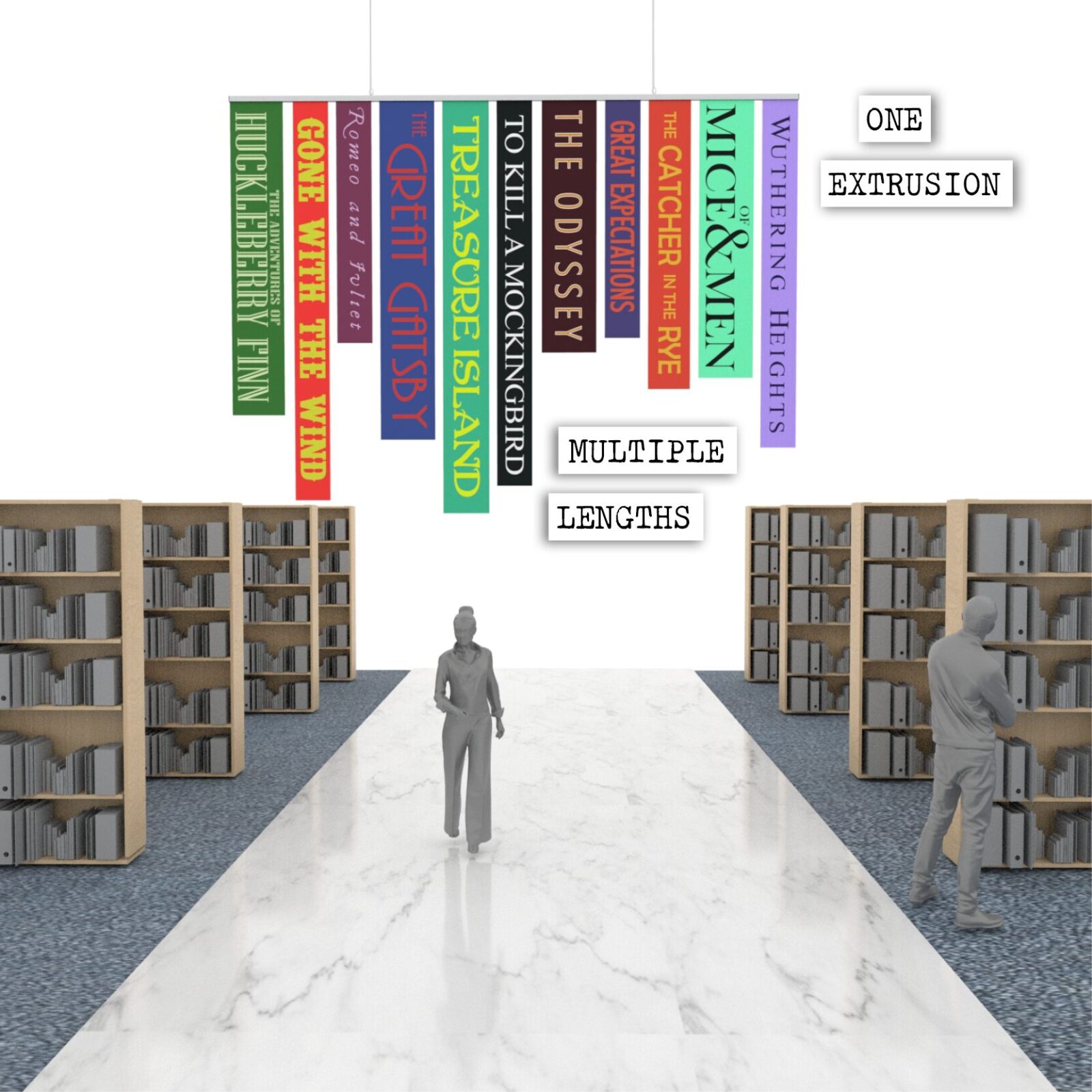 SEG Banner Rail Rendering suspended with multiple signs listing book titles in library