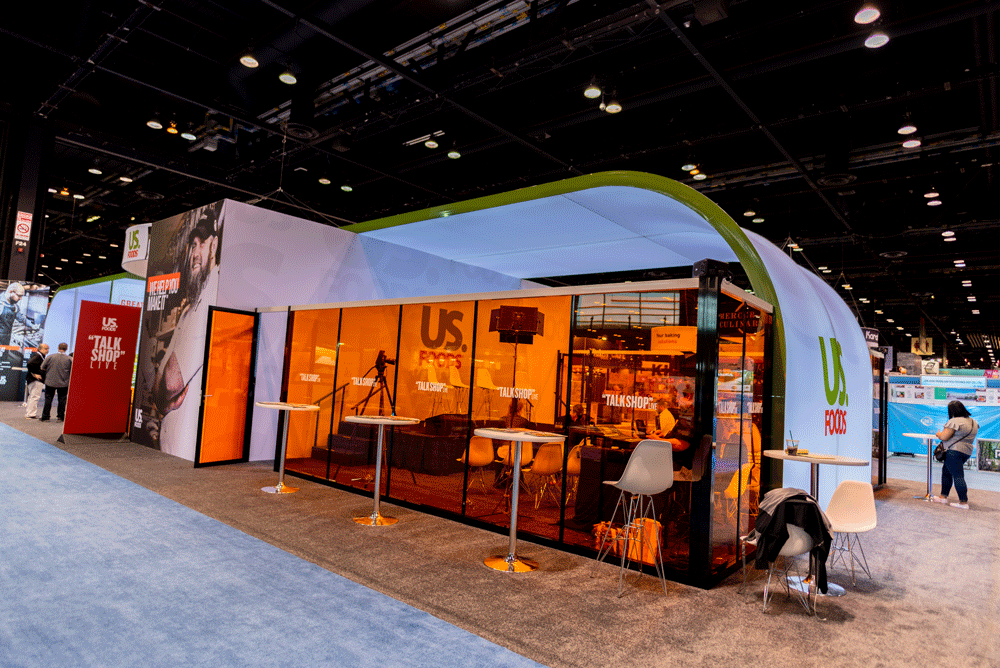 US Foods National Restaurant Association trade show booth with products, live panel discussions, and interactive exhibits