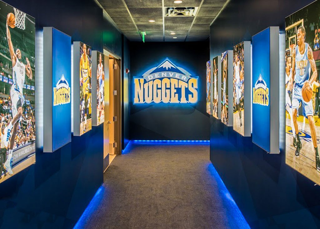 denver nuggets, nuggets, NBA, NBA basketball, wall mounted lightbox, wall mounted frame, backlit frame, sports, architecture